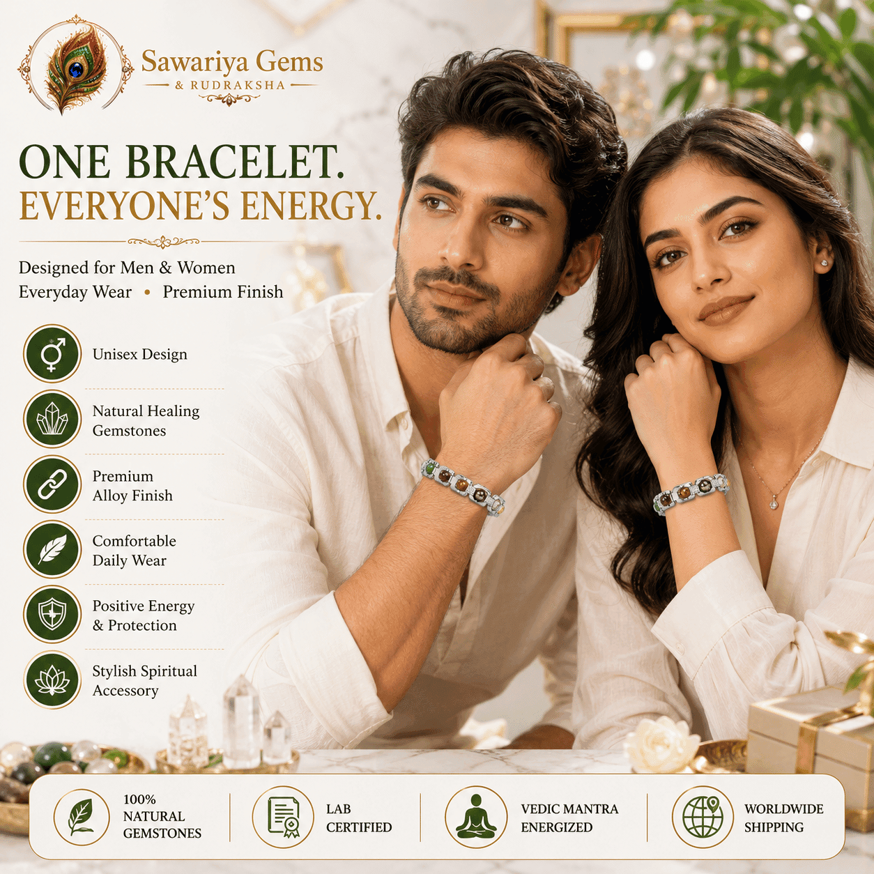 unisex-divine-healing-bracelet-lifestyle Unisex Divine Healing Bracelet worn by man and woman, featuring natural healing gemstones for balance, protection and style.