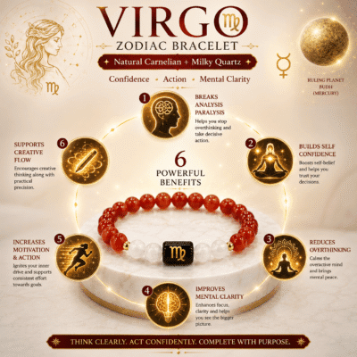 Virgo Zodiac Bracelet benefits infographic for confidence, mental clarity, focus, creativity and overcoming overthinking.