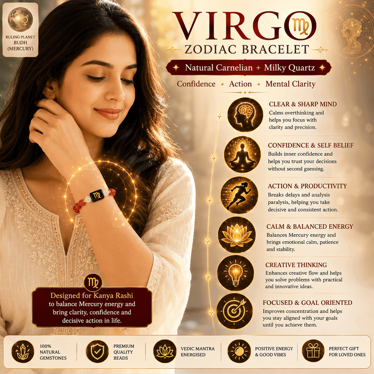 virgo-zodiac-bracelet-lifestyle-woman-wearing Woman wearing Virgo Zodiac Bracelet showing confidence, mental clarity, focus and positive Mercury energy in daily life.