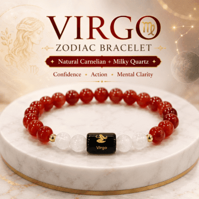 Premium Virgo Zodiac Bracelet with Natural Carnelian and Milky Quartz gemstones for confidence, action and mental clarity.