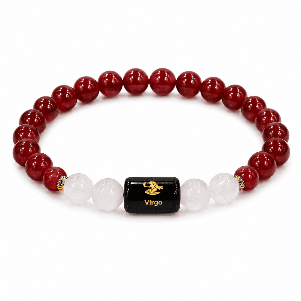 virgo-zodiac-bracelet-white-background-product Virgo Zodiac Bracelet with Natural Carnelian and Milky Quartz displayed on a clean white background for product catalog.
