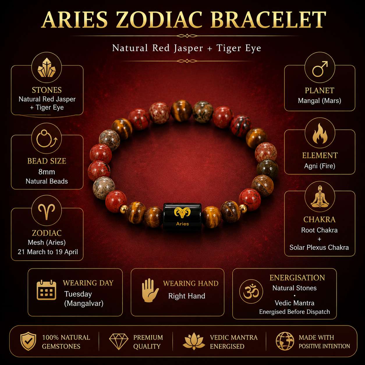woman-wearing-aries-zodiac-bracelet Woman wearing Aries Zodiac Bracelet made with Natural Red Jasper and Tiger Eye symbolising confidence, focus and courage.