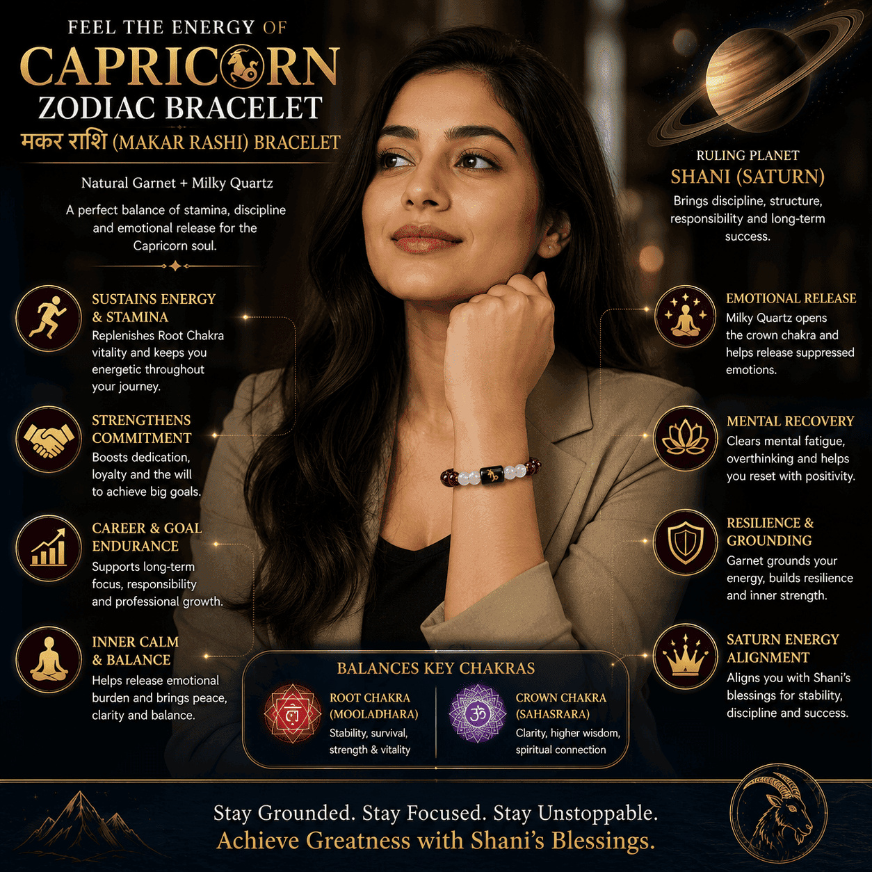 woman-wearing-capricorn-makar-rashi-zodiac-bracelet-lifestyle Young woman wearing Capricorn (Makar Rashi) Zodiac Bracelet crafted with Natural Garnet and Milky Quartz for a premium lifestyle look.