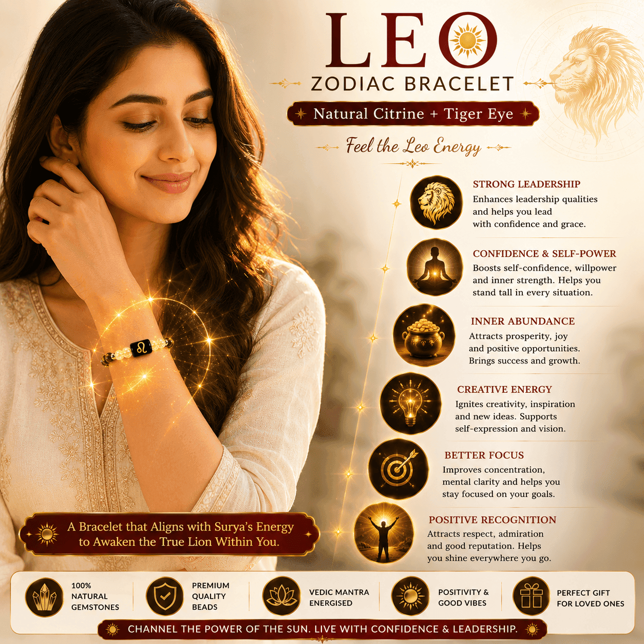 woman-wearing-leo-zodiac-bracelet-lifestyle Woman wearing Leo Zodiac Bracelet showing confidence, leadership, creativity, focus and Surya-inspired positive energy.