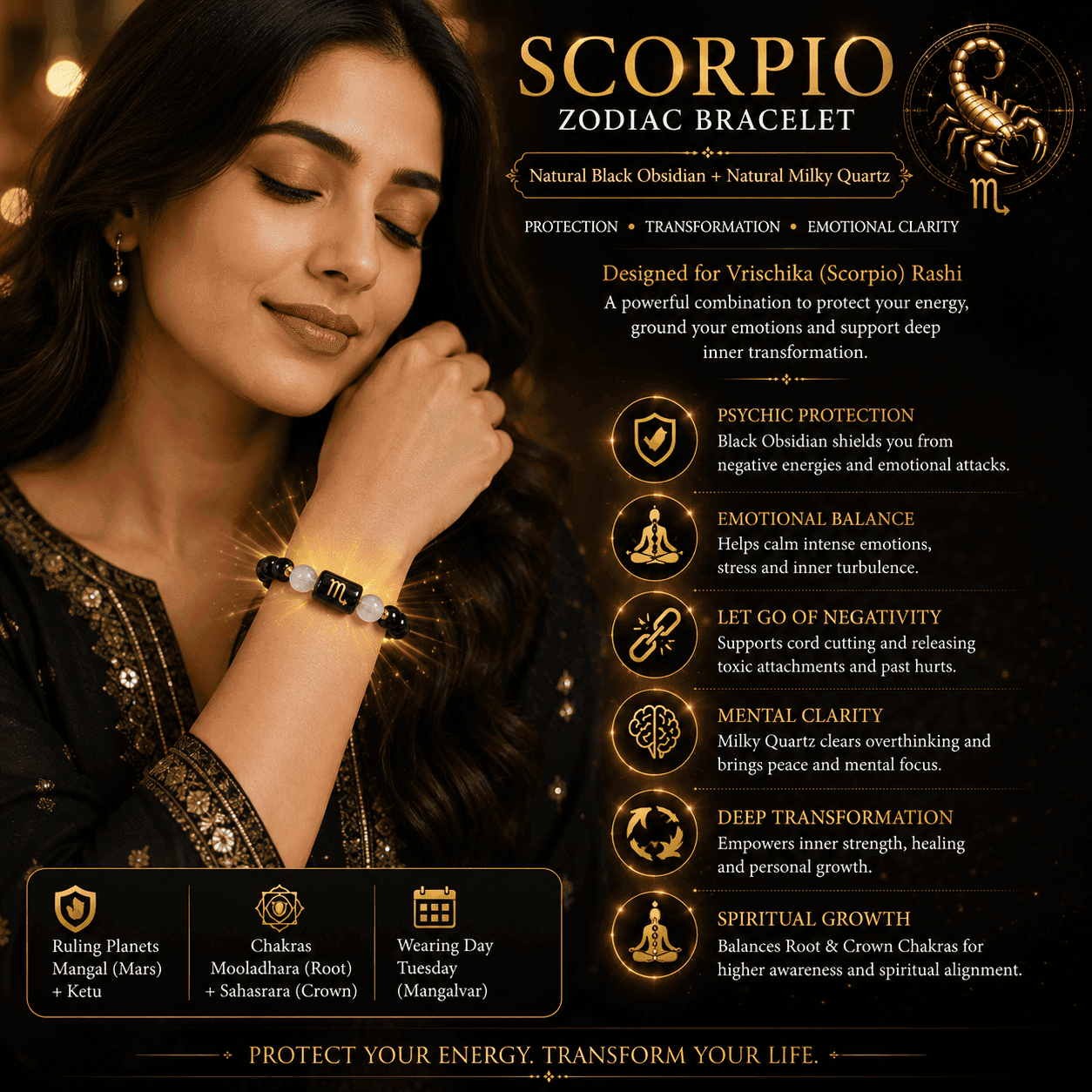 woman-wearing-scorpio-zodiac-bracelet-black-obsidian-milky-quartz Woman wearing Scorpio Zodiac Bracelet with Black Obsidian and Milky Quartz to promote protection, emotional balance and inner strength.
