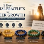 5 best crystal bracelets for career growth, featuring Tiger Eye, Citrine, Lapis Lazuli, Green Aventurine, and Black Tourmaline for professional success and opportunities.