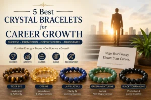 5 best crystal bracelets for career growth, featuring Tiger Eye, Citrine, Lapis Lazuli, Green Aventurine, and Black Tourmaline for professional success and opportunities.