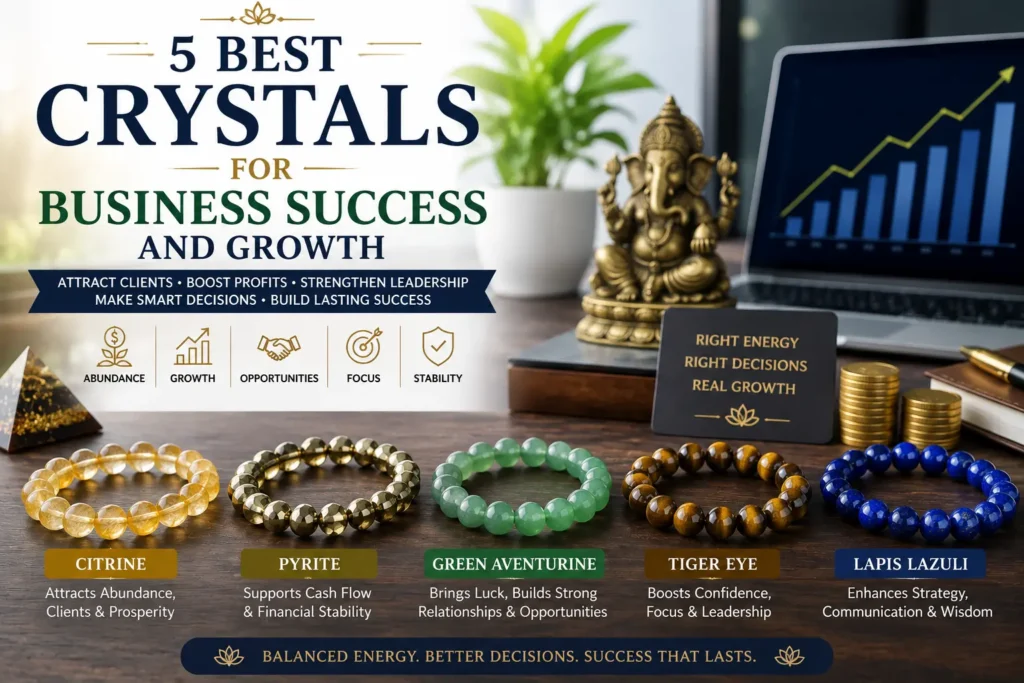 Featured image showing five crystal bracelets—Citrine, Pyrite, Green Aventurine, Tiger Eye, and Lapis Lazuli—representing business abundance, financial stability, client opportunities, leadership, strategy, and sustainable business growth.