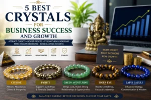 Featured image showing five crystal bracelets—Citrine, Pyrite, Green Aventurine, Tiger Eye, and Lapis Lazuli—representing business abundance, financial stability, client opportunities, leadership, strategy, and sustainable business growth.