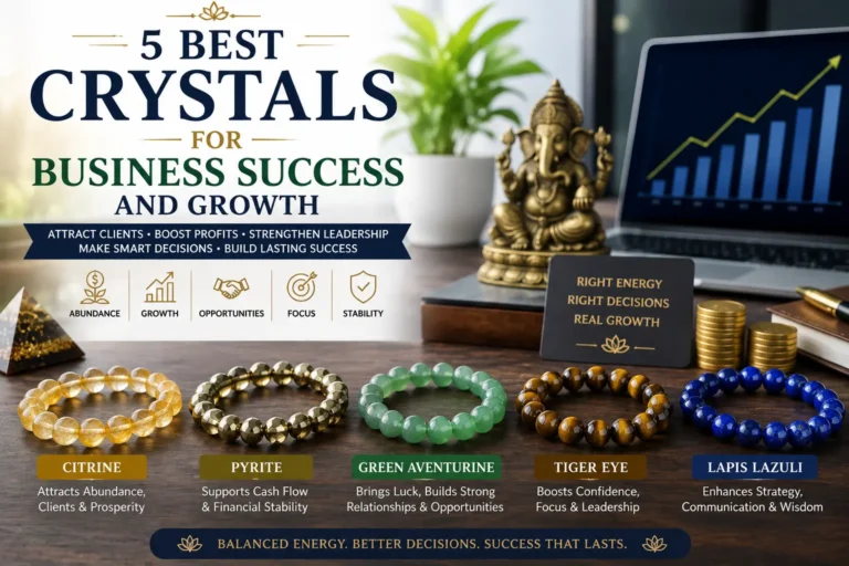 Featured image showing five crystal bracelets—Citrine, Pyrite, Green Aventurine, Tiger Eye, and Lapis Lazuli—representing business abundance, financial stability, client opportunities, leadership, strategy, and sustainable business growth.