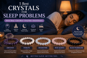 Five crystals for sleep problems displayed beside a peaceful bedroom, representing calm, stress relief, emotional balance and restful sleep.