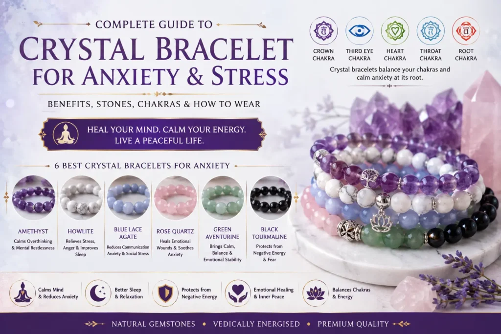 Crystal bracelets for anxiety and stress featuring Amethyst, Howlite, Blue Lace Agate, Moonstone, Green Aventurine and Black Tourmaline.