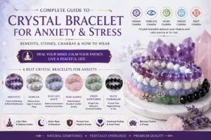 Crystal bracelets for anxiety and stress featuring Amethyst, Howlite, Blue Lace Agate, Moonstone, Green Aventurine and Black Tourmaline.