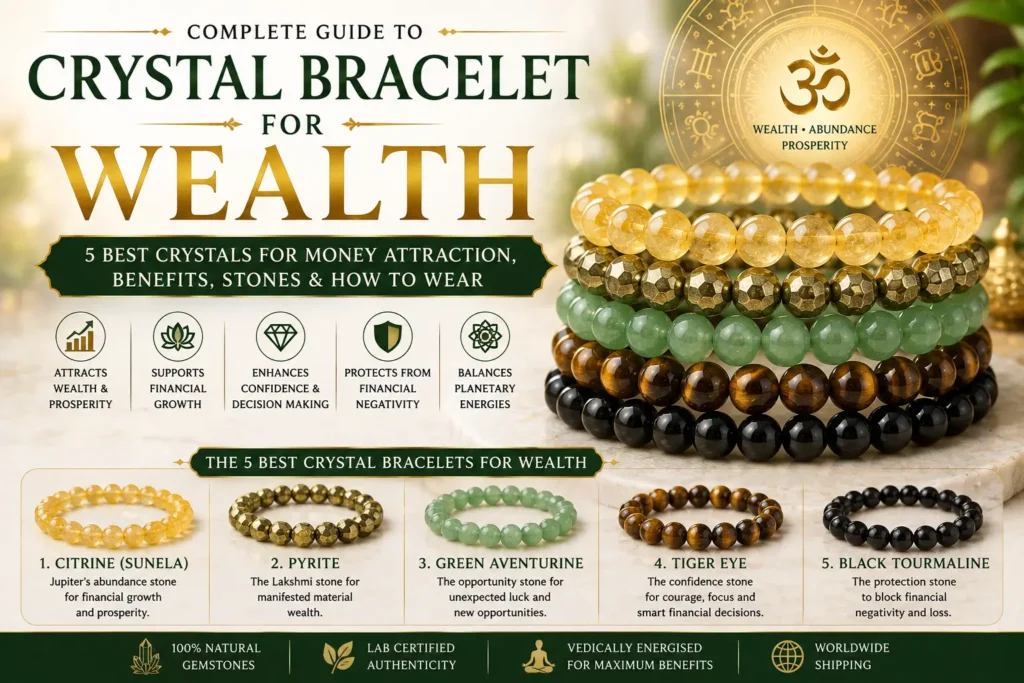 Crystal bracelets for wealth featuring Citrine, Pyrite, Green Aventurine, Tiger Eye and Black Tourmaline beads.