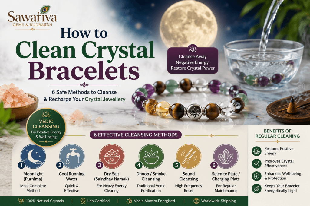 How to clean crystal bracelets safely using moonlight, water, salt, dhoop, and sound cleansing methods with Vedic crystal care by Sawariya Gems.
