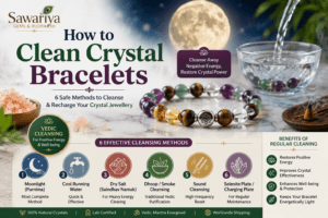 How to clean crystal bracelets safely using moonlight, water, salt, dhoop, and sound cleansing methods with Vedic crystal care by Sawariya Gems.