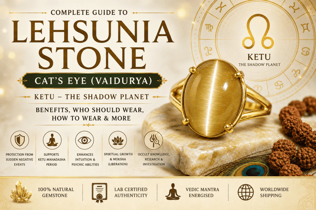 Lehsunia stone Cat’s Eye gemstone in a gold ring showing its yellow-golden chatoyancy, with Ketu astrology symbols and benefits.