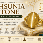 Lehsunia stone Cat’s Eye gemstone in a gold ring showing its yellow-golden chatoyancy, with Ketu astrology symbols and benefits.