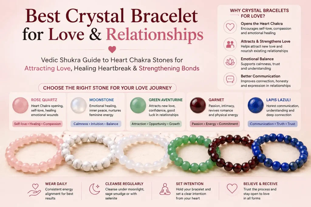 Best crystal bracelets for love and relationships including Rose Quartz, Moonstone, Green Aventurine, Garnet and Lapis Lazuli