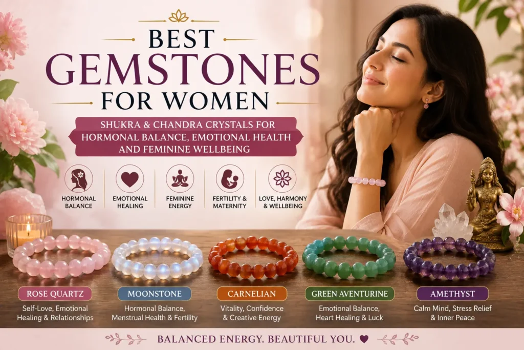 Five best gemstones for women—Rose Quartz, Moonstone, Carnelian, Green Aventurine, and Amethyst—representing emotional balance, feminine wellbeing, confidence, and inner peace.