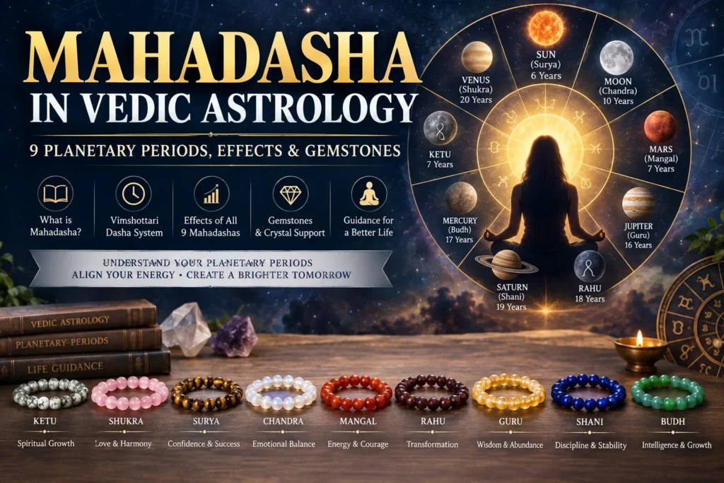 Mahadasha in Vedic astrology showing the 9 planetary periods, Navagraha wheel, meditation, and gemstone bracelets for planetary remedies.