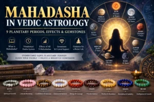 Mahadasha in Vedic astrology showing the 9 planetary periods, Navagraha wheel, meditation, and gemstone bracelets for planetary remedies.