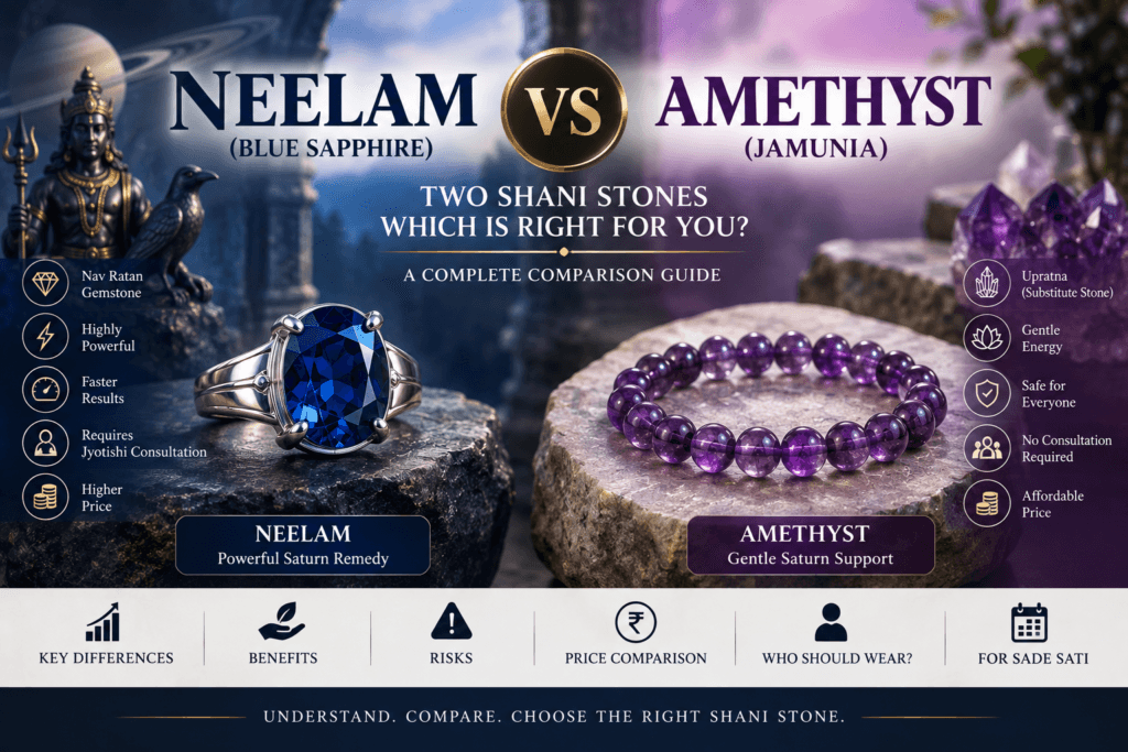 Neelam Blue Sapphire ring vs Amethyst Jamunia bracelet comparison for Shani, showing their key differences, benefits, risks, price and suitability.
