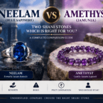 Neelam Blue Sapphire ring vs Amethyst Jamunia bracelet comparison for Shani, showing their key differences, benefits, risks, price and suitability.