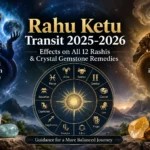 Rahu Ketu Transit 2025-2026 showing effects on all 12 Rashis with crystal gemstone remedies, Rahu in Pisces and Ketu in Virgo.