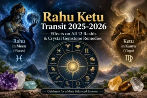 Rahu Ketu Transit 2025-2026 showing effects on all 12 Rashis with crystal gemstone remedies, Rahu in Pisces and Ketu in Virgo.