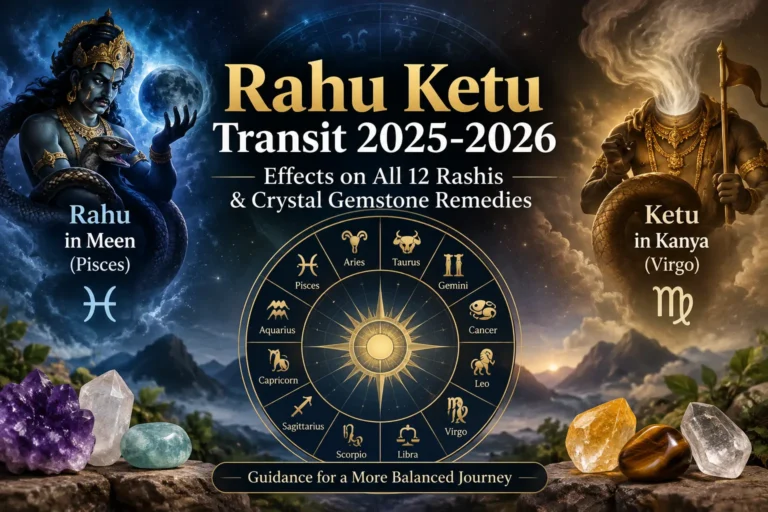 Rahu Ketu Transit 2025-2026 showing effects on all 12 Rashis with crystal gemstone remedies, Rahu in Pisces and Ketu in Virgo.