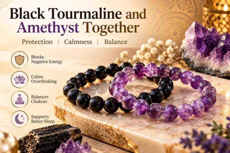 Black tourmaline and amethyst crystal bead bracelets displayed together on a marble surface with purple crystals and gold accents.