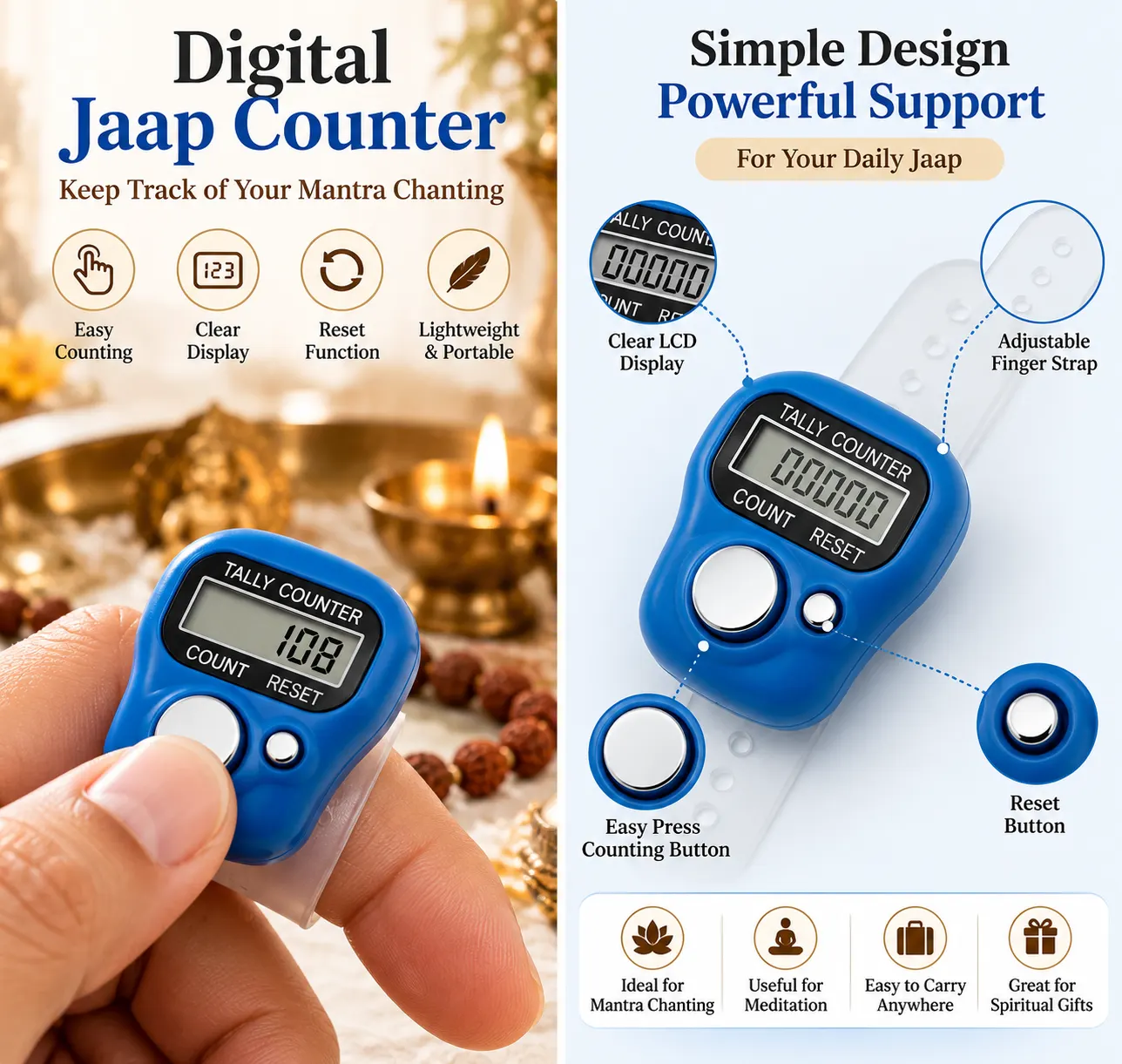 Emphasises easy counting, portability, simple operation, and suitability for mantra chanting.