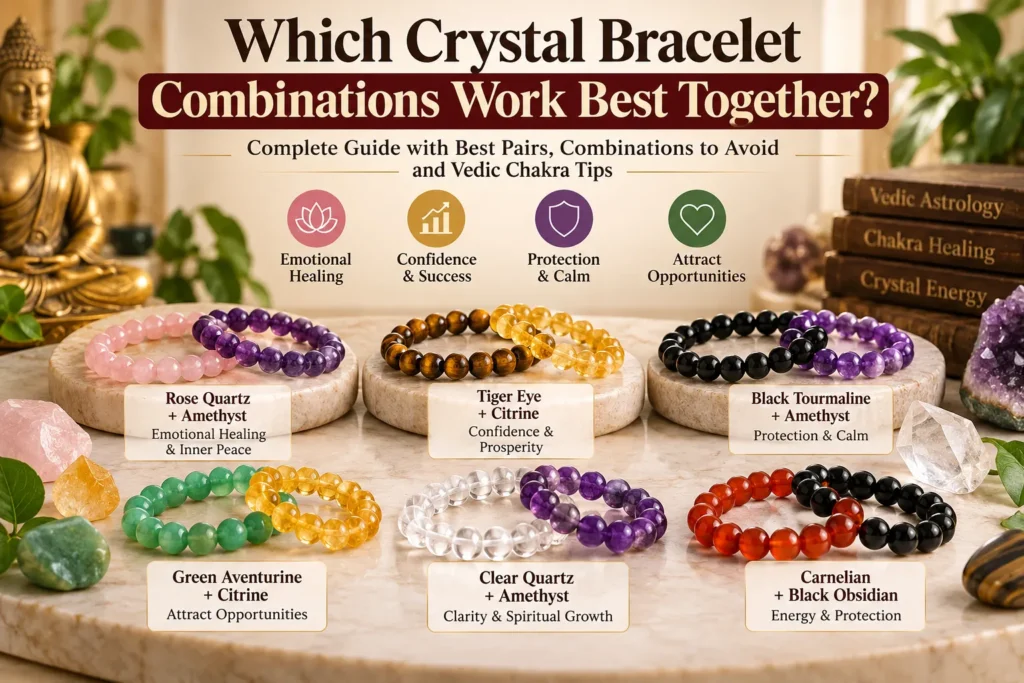 Crystal Bracelet Combinations Guide Featuring Rose Quartz, Amethyst, Tiger Eye, Citrine and Other Gemstone Bracelets for Vedic Chakra Healing.