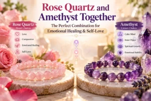 Rose Quartz and Amethyst bracelets displayed separately, illustrating their benefits for emotional healing, self-love, inner peace, and chakra balance.