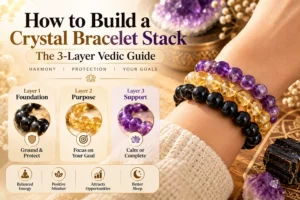Crystal bracelet stack featuring black tourmaline, citrine, and amethyst, illustrating the three-layer Vedic guide to foundation, purpose, and support.