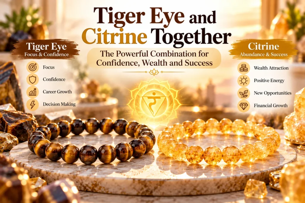 Tiger Eye and Citrine bracelets together representing confidence, wealth, career growth, and abundance.