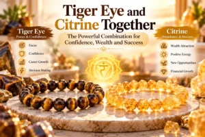Tiger Eye and Citrine bracelets together representing confidence, wealth, career growth, and abundance.