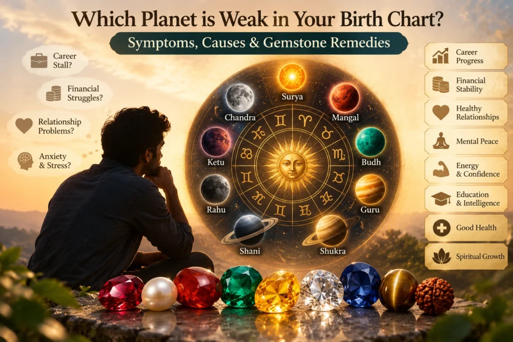 Weak Planet in Birth Chart: Vedic Astrology Symptoms, Causes & Gemstone Remedies